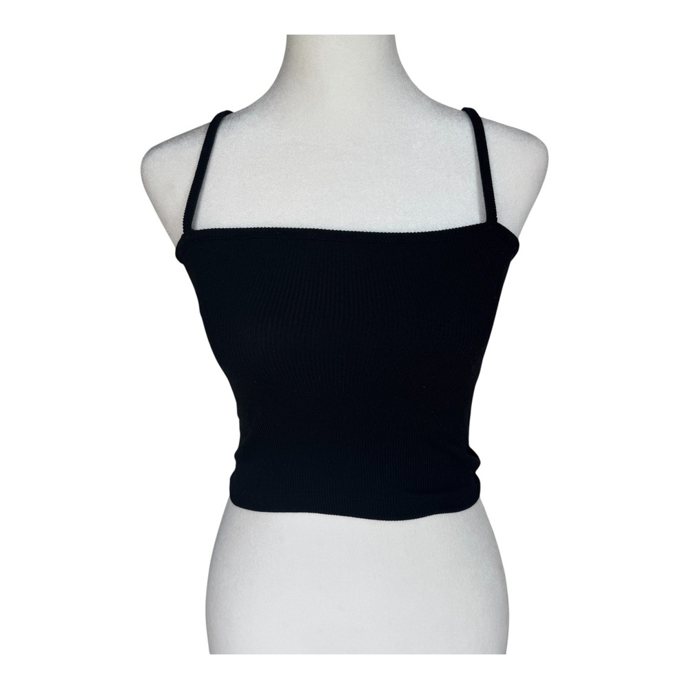 Brandy Melville Black Ribbed Faye Tank Top Crop Made in Italy Y2K Minimalist Fit - Picture 2 of 6